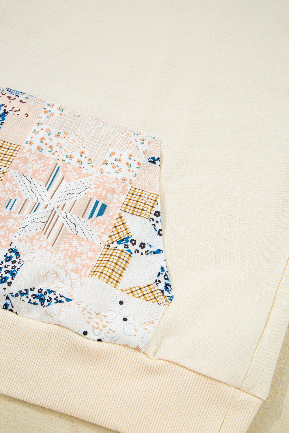 Beige Geo Pattern Patchwork Hoodie with Kangaroo Pocket - PREORDER