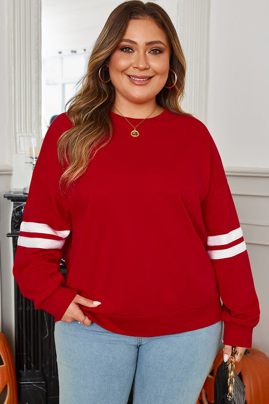 Fiery Red Varsity Striped Detail Crew Neck Plus Sweatshirt - PREORDER
