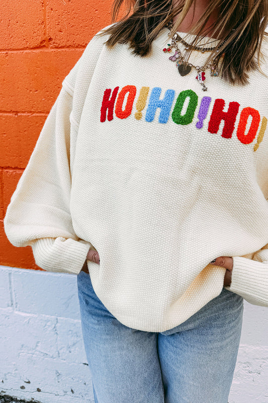 HOHOHO MERRY CHRISTMAS Chenille Graphic Drop Shoulder Holiday Sweater - PREORDER