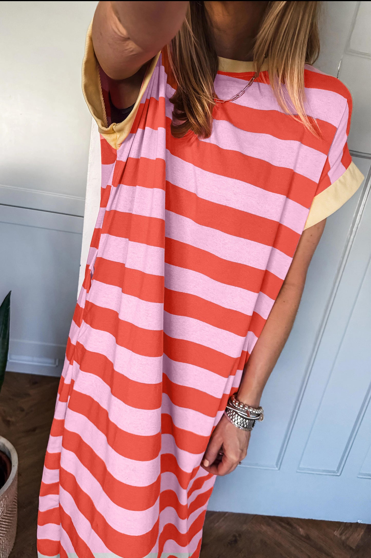 Orange Stripe Cuffed Short Sleeve Pocketed Casual T Shirt Long Dress - PREORDER