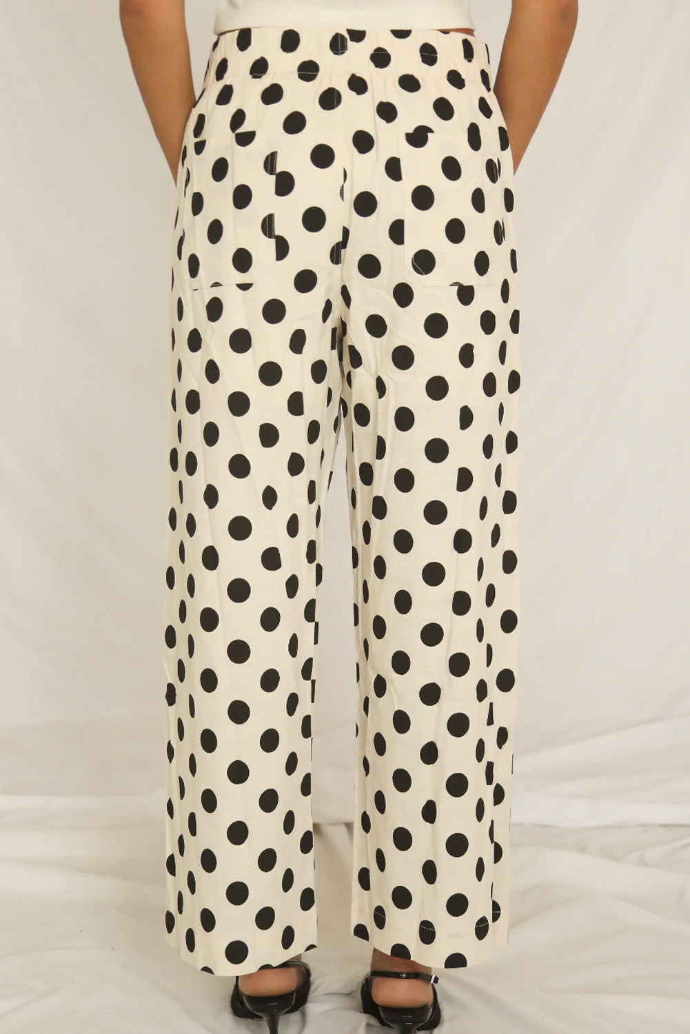 White Polka Dot Print Square Patch Pocket Loose Pants - PREORDER