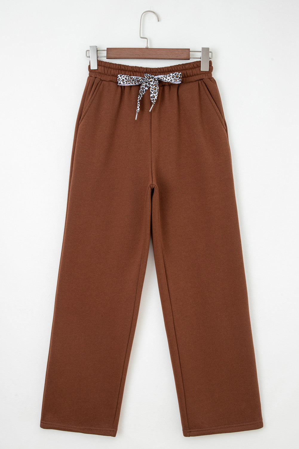 Coffee Fleece Lined Leopard Drawstring Elastic Waist Solid Pants - PREORDER