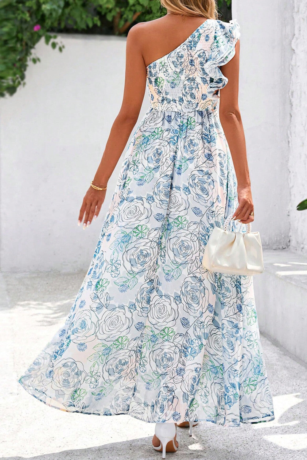 Sky Blue Floral Print Ruffled One Shoulder Vacation Maxi Dress - PREORDER