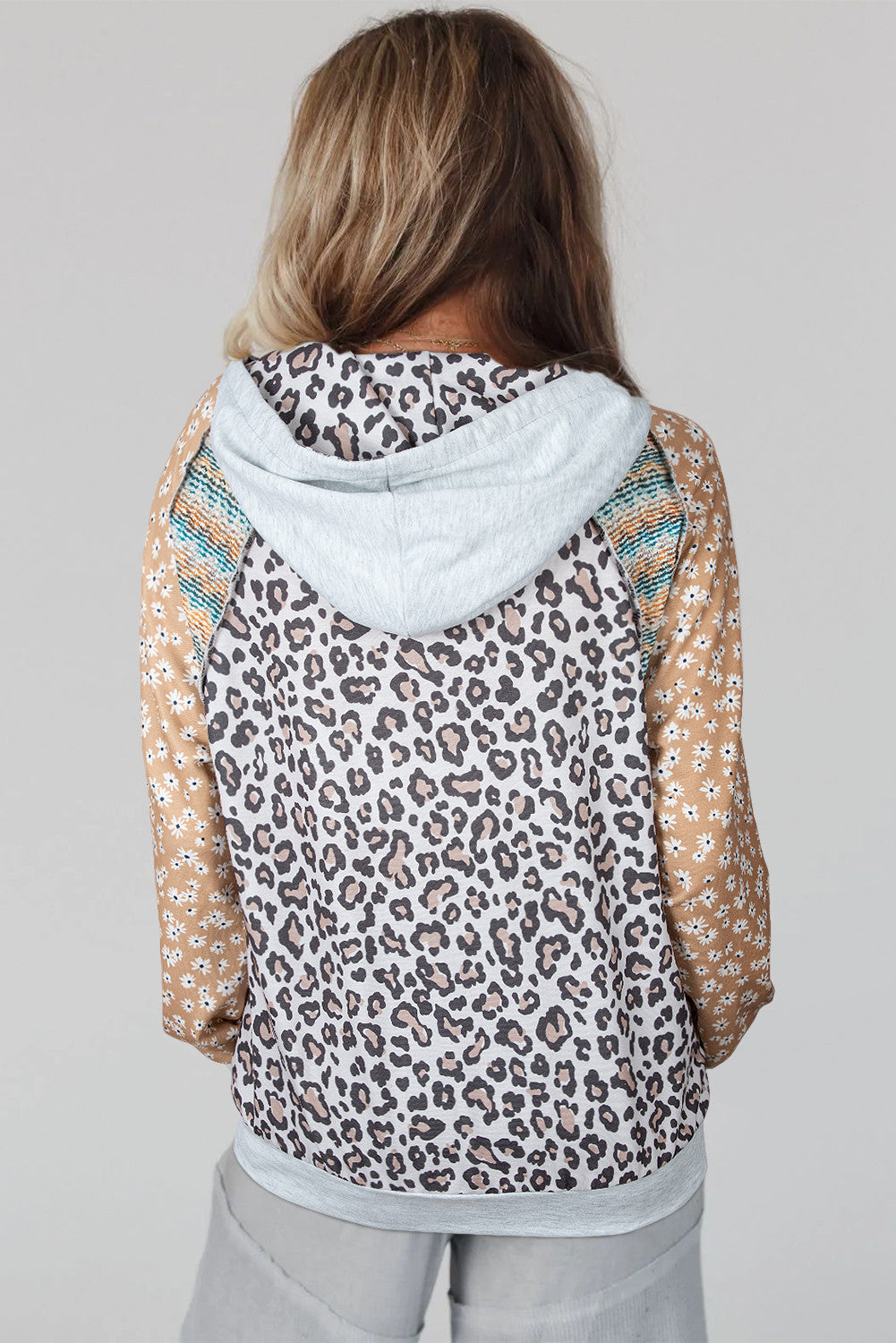 Multicolor Leopard Floral Patchwork Drawstring Hoodie - PREORDER