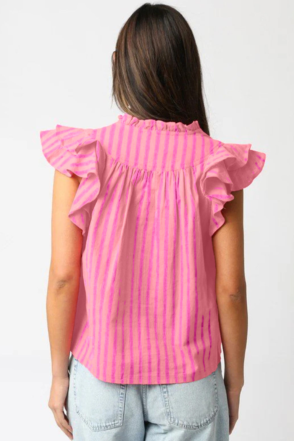 Pink Stripe Split Neck Ruffled Summer Blouse - PREORDER