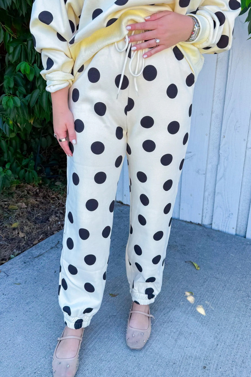 Beige Polka Dot Print Drop Shoulder Pullover Drawstring Jogger Pant Set - PREORDER