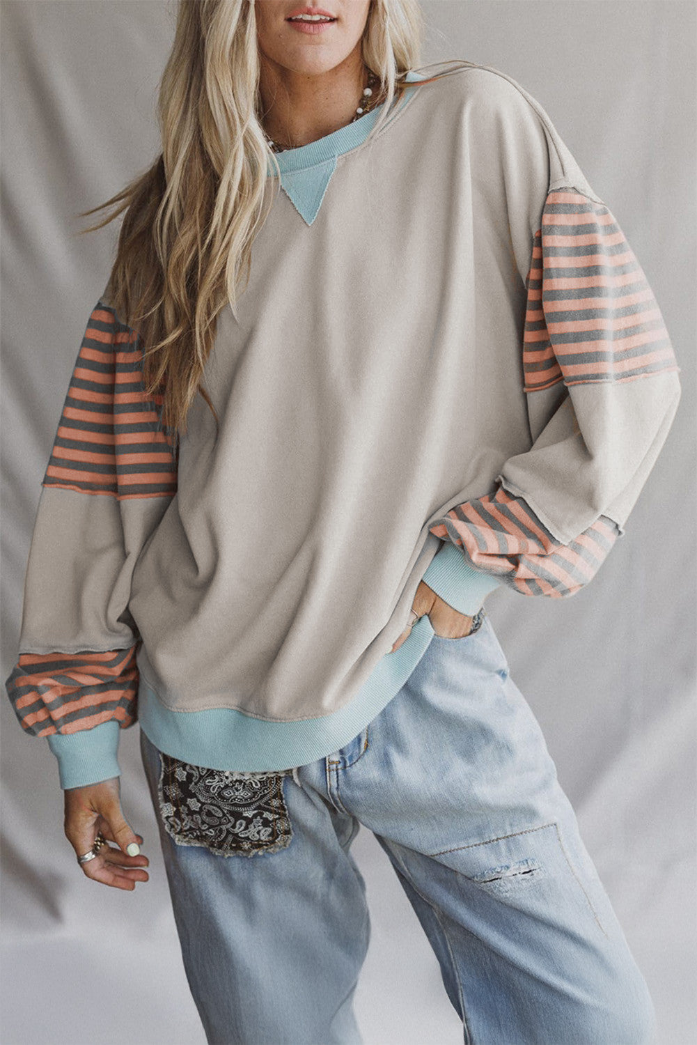Jet Stream Striped Colorblock Patchwork Drop Shoulder Sweatshirt - PREORDER