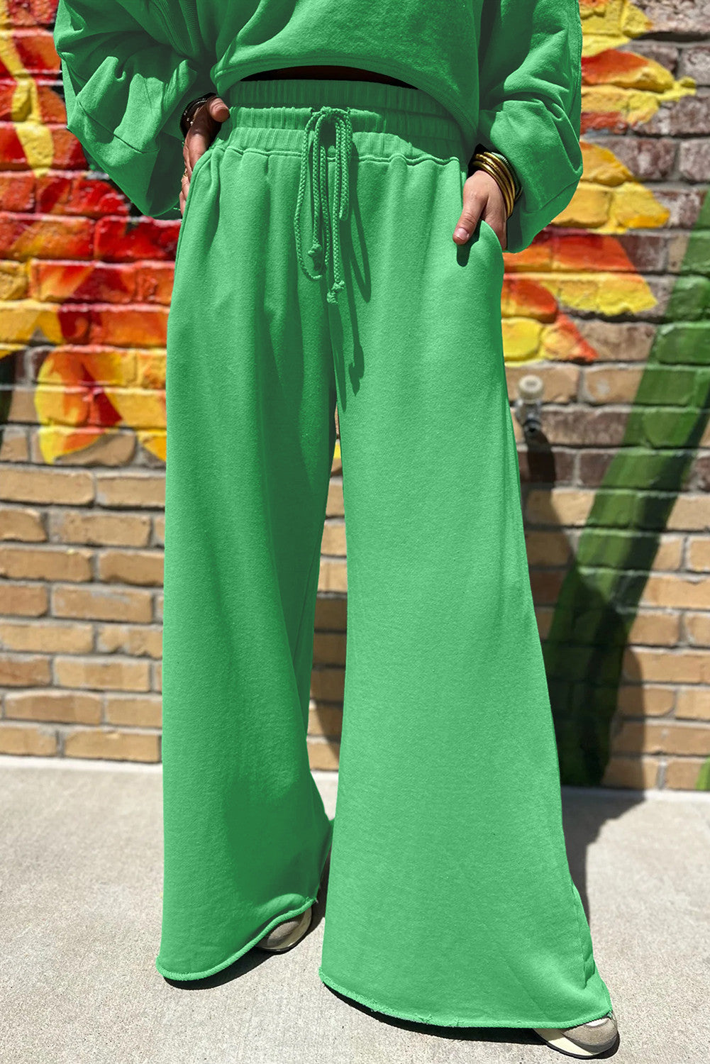 Bright Green Drop Shoulder Puff Sleeve Crop Pullover Drawstring Wide Leg Pants Set - PREORDER