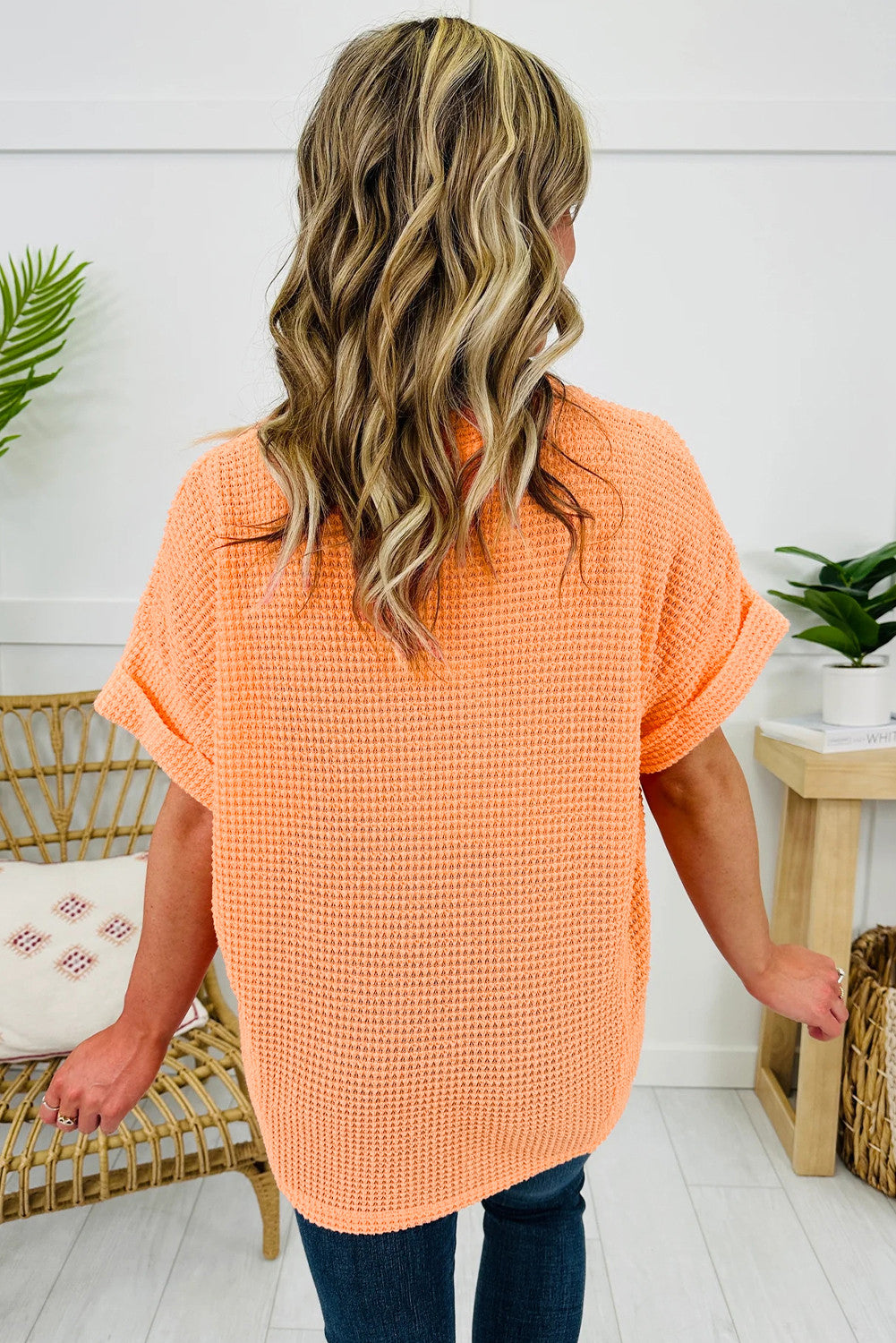 Orange Waffle V Neck Short Sleeve Knit Top - PREORDER