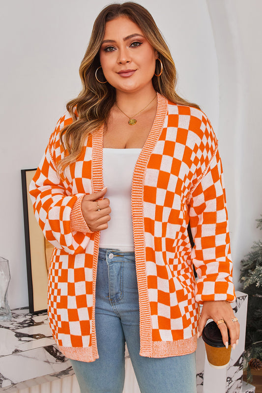 Orange Checkered Bubble Sleeve Drop Shoulder Open Cardigan - PREORDER