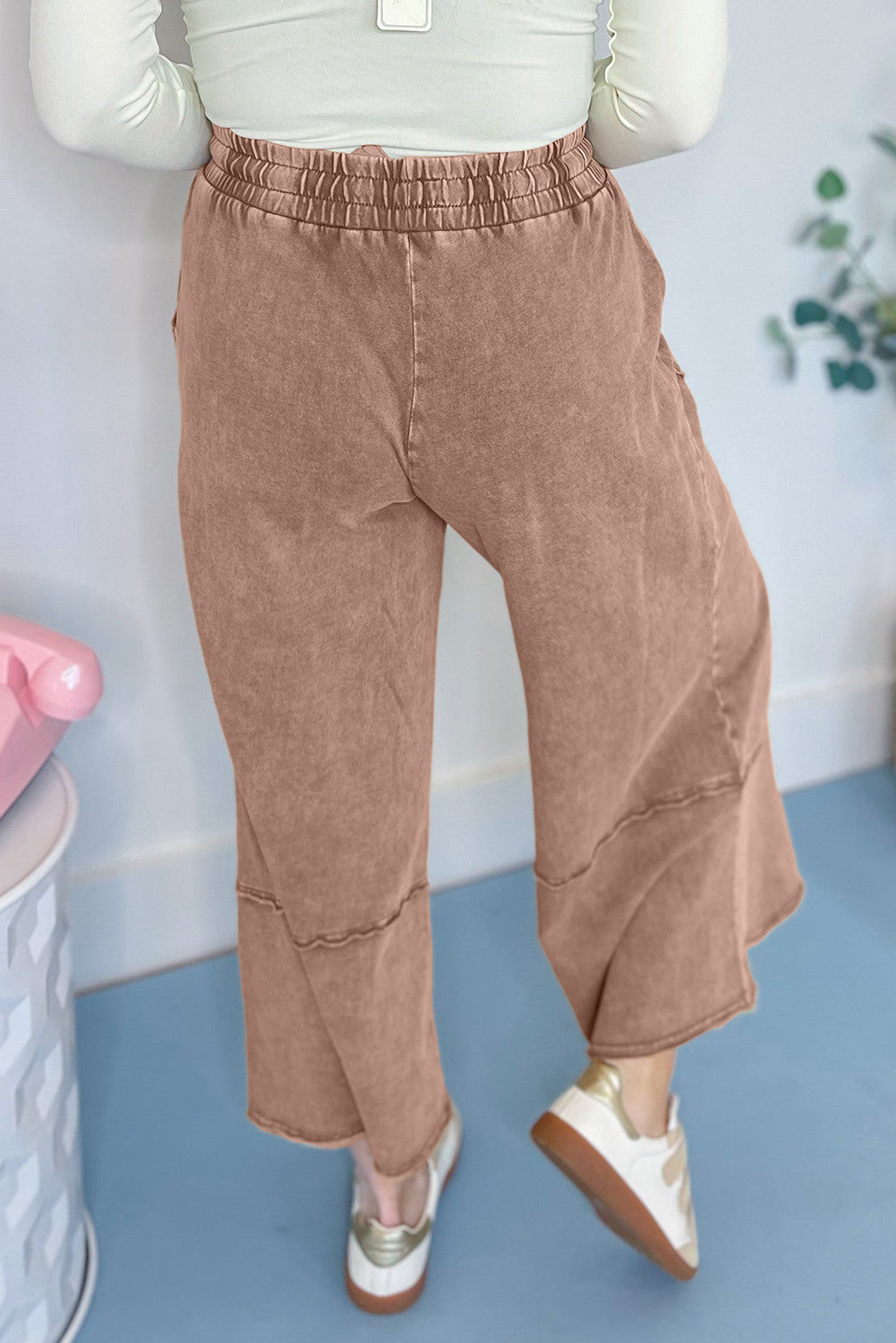 Brown Flower Patch Mineral Washed Terry Knit Cropped Wide Leg Pants - PREORDER