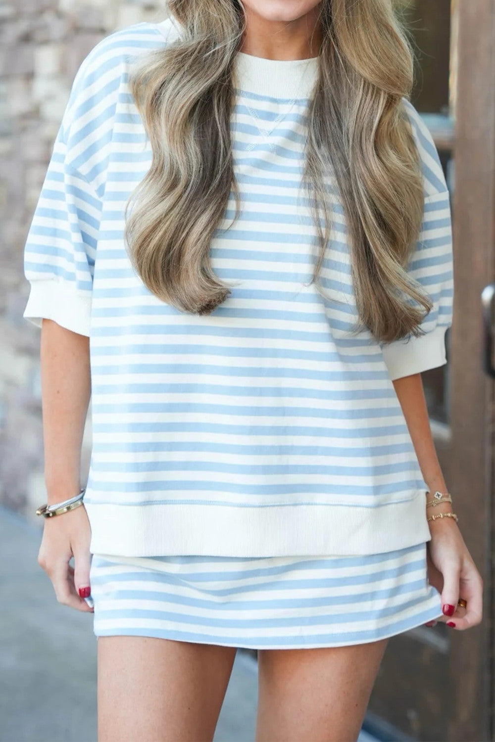 Sky Blue Stripe Ribbed Color Block Trim Half Sleeve Top Mini Skort 2pcs Outfit - PREORDER