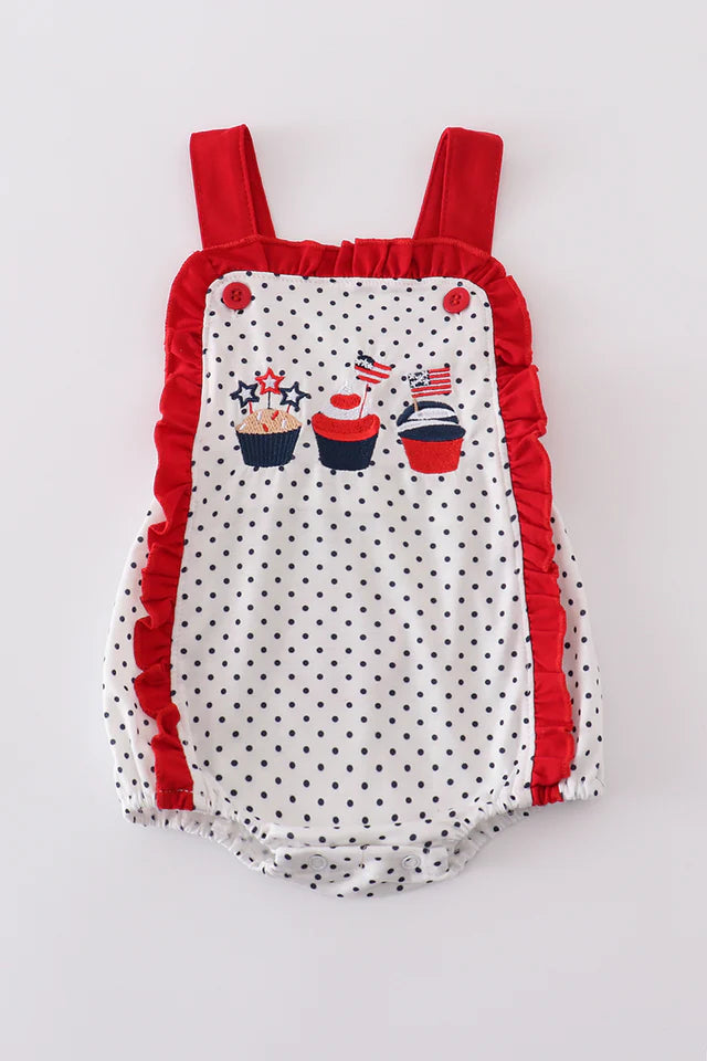 GIRLS RED CUPCAKE EMBROIDERY DOT RUFFLE BUBBLE