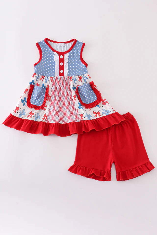 BLUE BOW PRINT RUFFLE SHORTS SET
