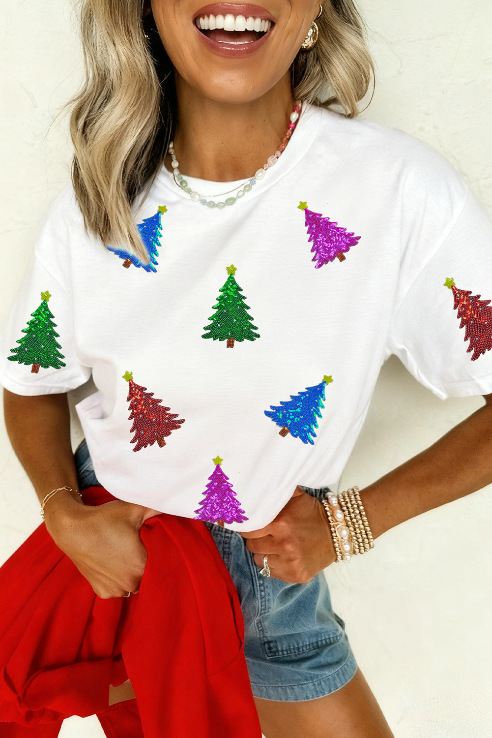 White Glitter Christmas Tree Pattern Cuffed Sleeve Christmas T Shirt - PREORDER