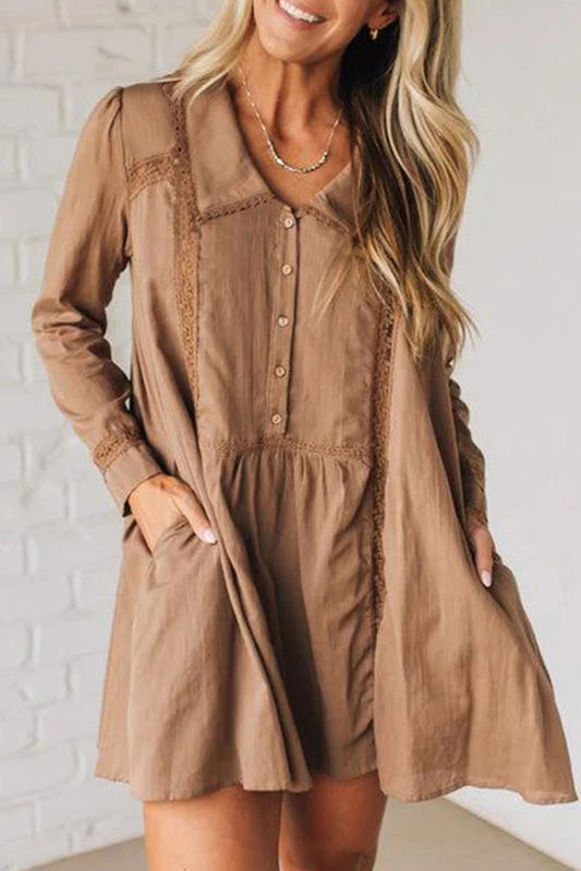 Lace Trim Peter Pan Collar Long Sleeve Mini Shirt Dress - PREORDER