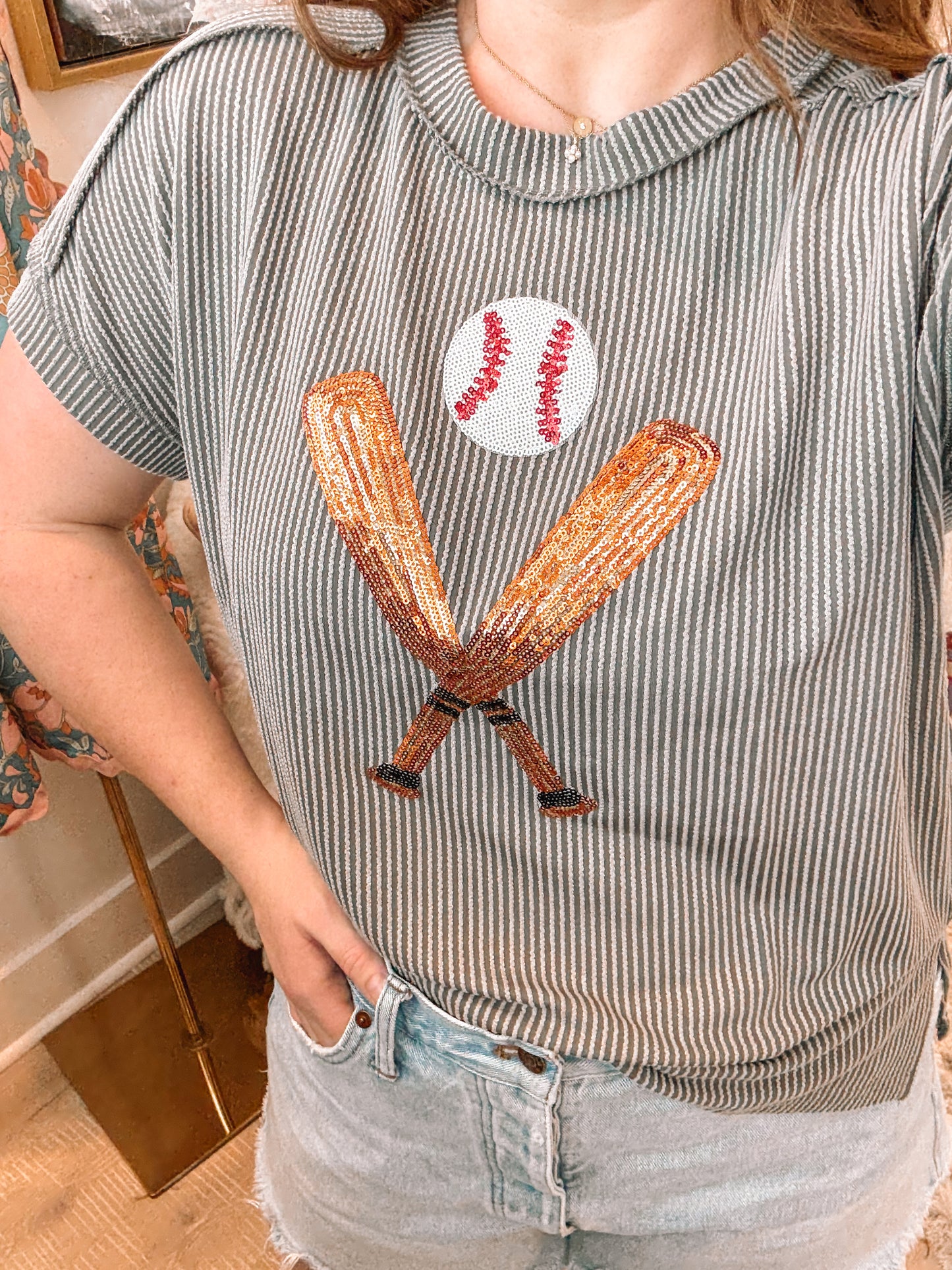 Grey Sequin Baseball Crewneck T Shirt