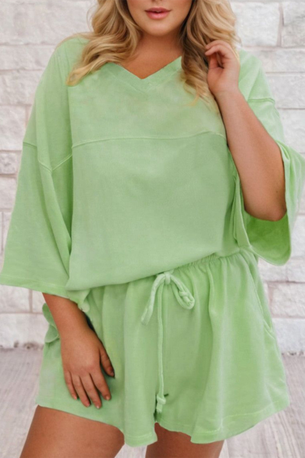 Meadow Mist Green Plus Size V Neck Drop Shoulder Tee Loose Shorts 2pcs Outfit - PREORDER