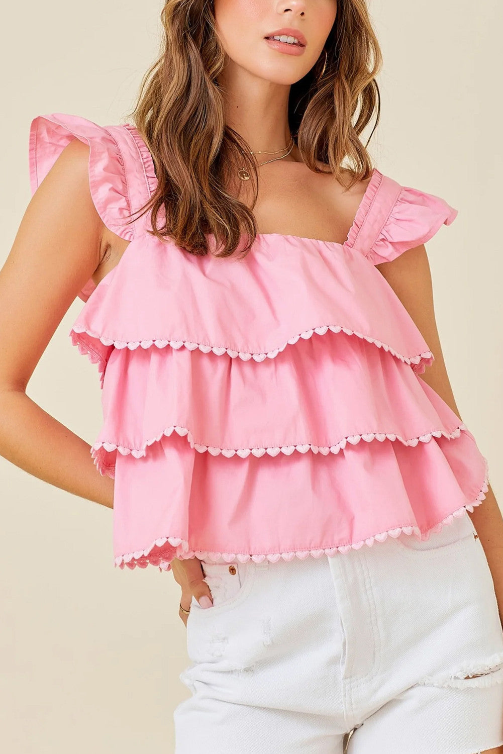 Pink Tiered Heart Trim Square Neck Flutter Top - PREORDER