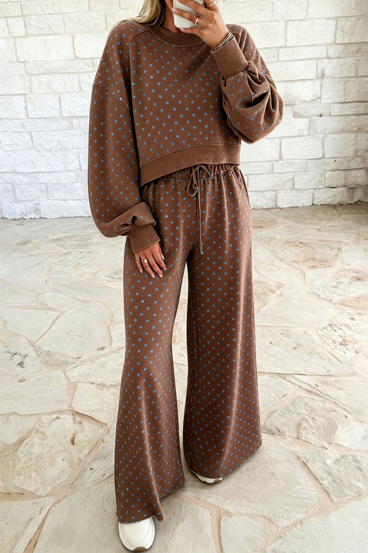 Brown Polka Dot Drawstring Wide Leg Long Sleeve Top Pant Set - PREORDER