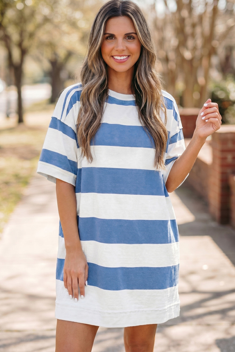 Blue Stripe Raw Seam Shoulder Detail Casual Tee Dress - PREORDER