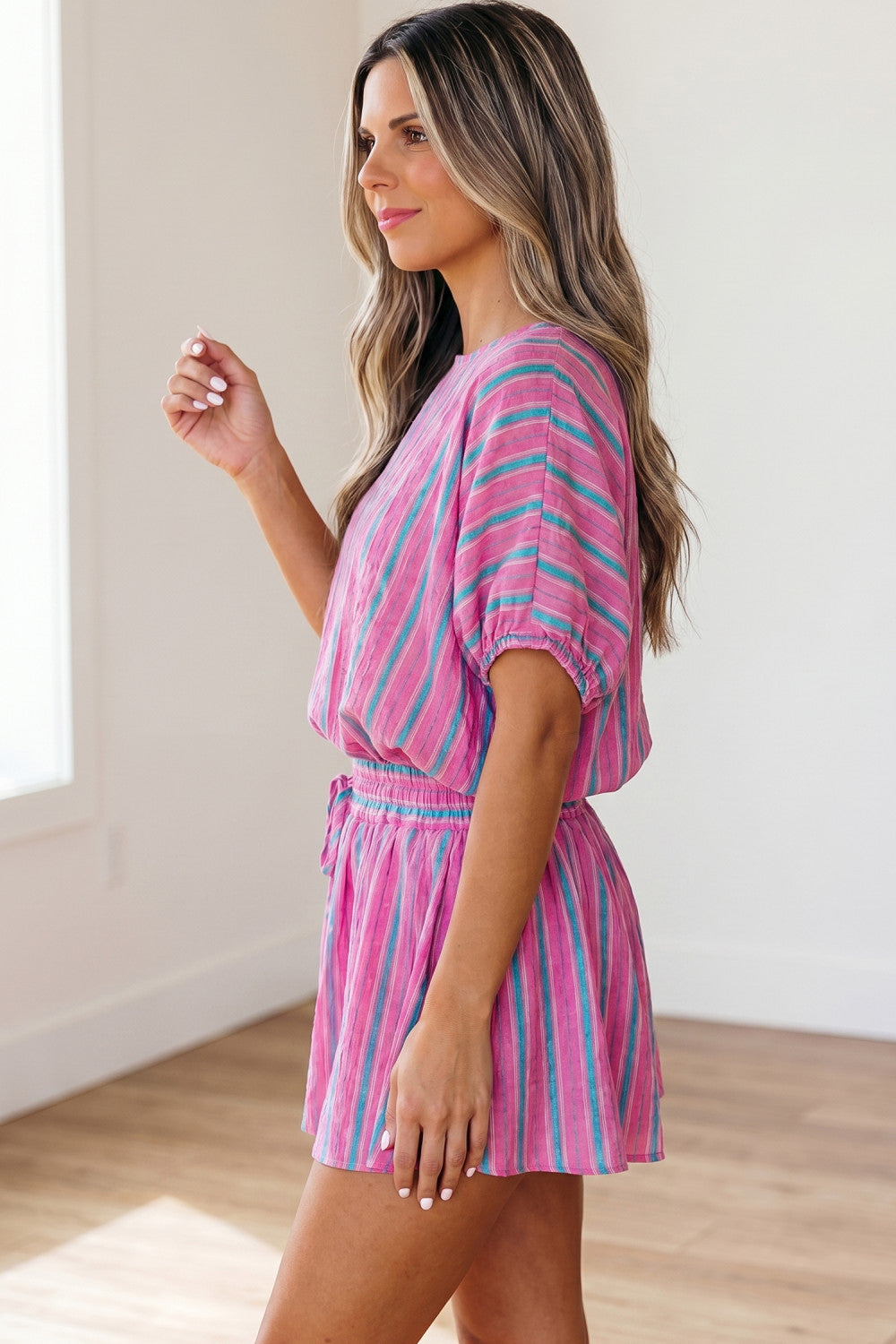 Pink Stripe Dolman Short Sleeve Blouse Drawstring Elastic Waist Loose Short Set - PREORDER