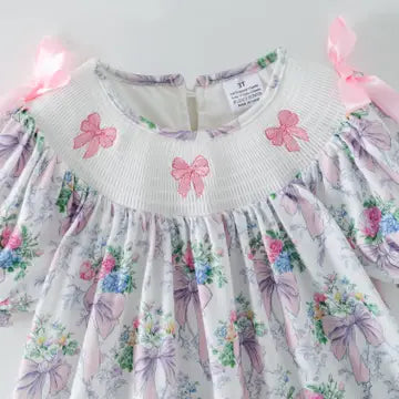 Spring Summer Pink Bow Floral Smock Embroidery Dress - PREORDER