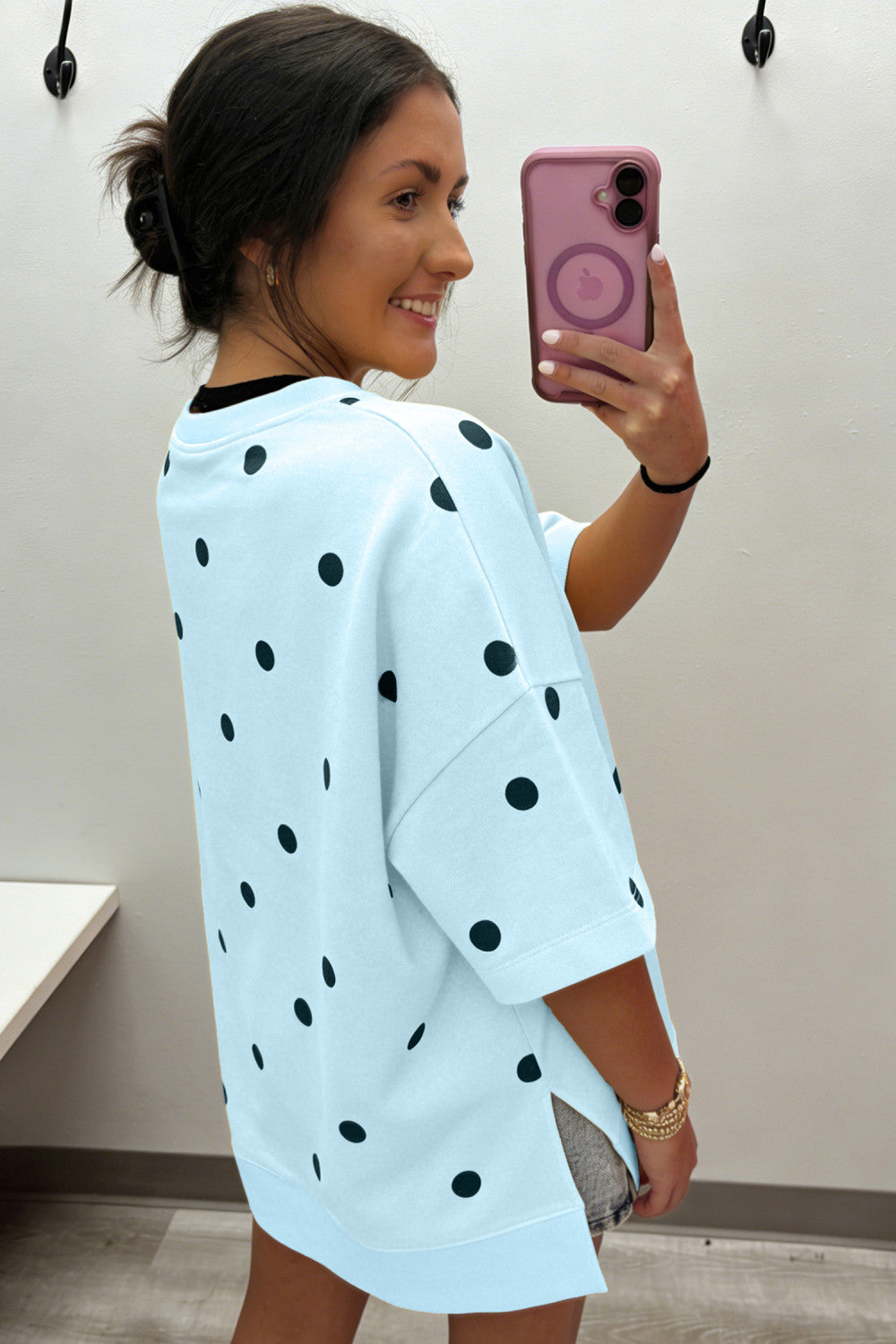 Sky Blue Polka Dot Print Crossed Seam Detail Oversize Tee - PREORDER