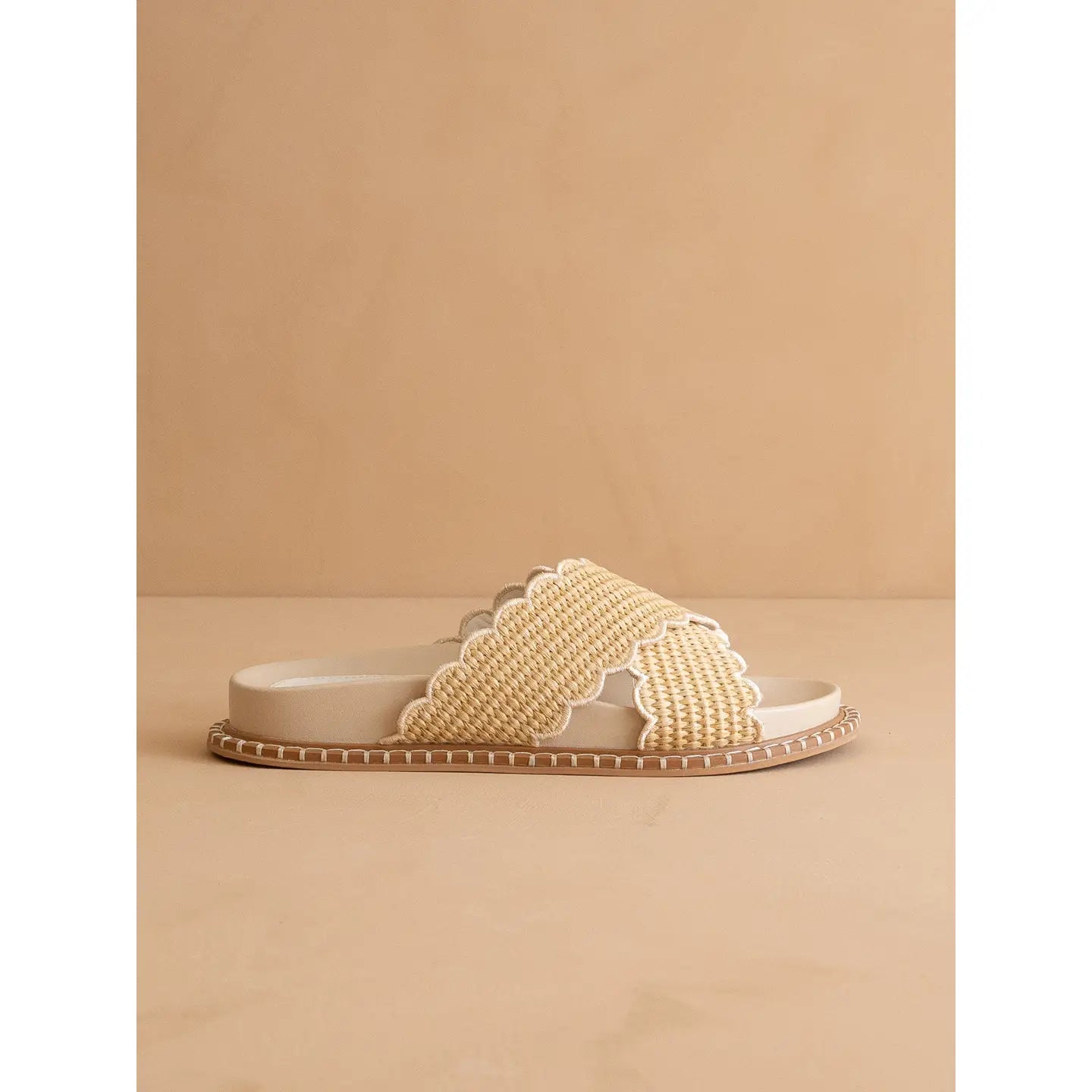 Beige Double Strap Raffia Slide