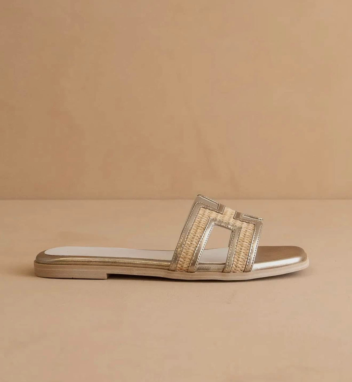 Gold H Cutout Raffia Slide Sandals