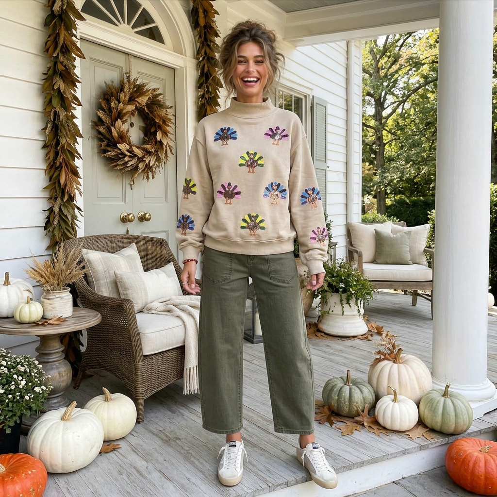 Sequined Turkey Exposed Seam Thanksgiving Graphic Sweatshirt - PREORDER