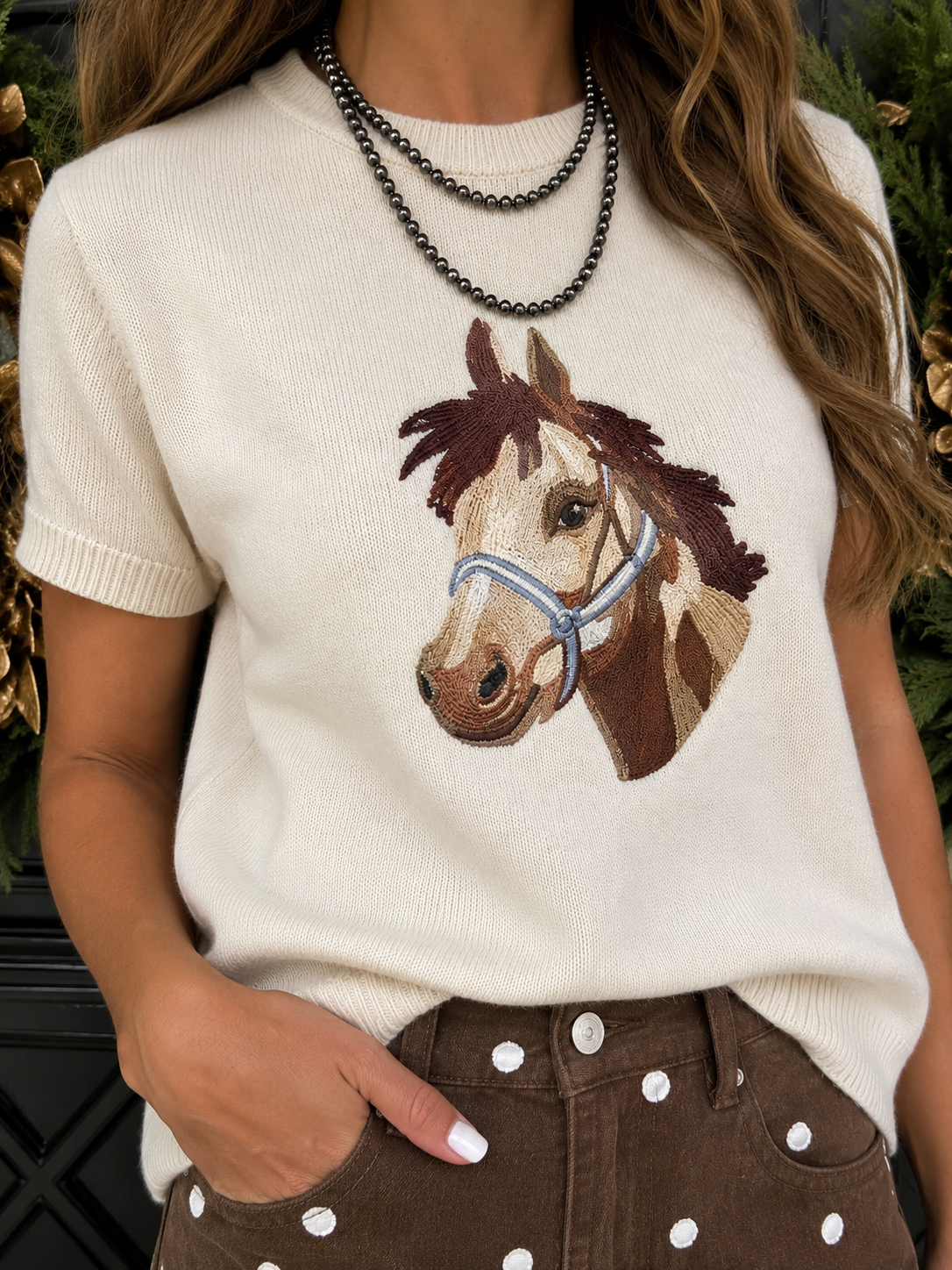 White Wild West Horse Head Printed Short Sleeve Sweater - PREORDER