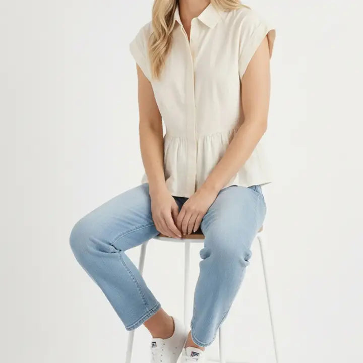 Button Down Babydoll Solid Woven Blouse