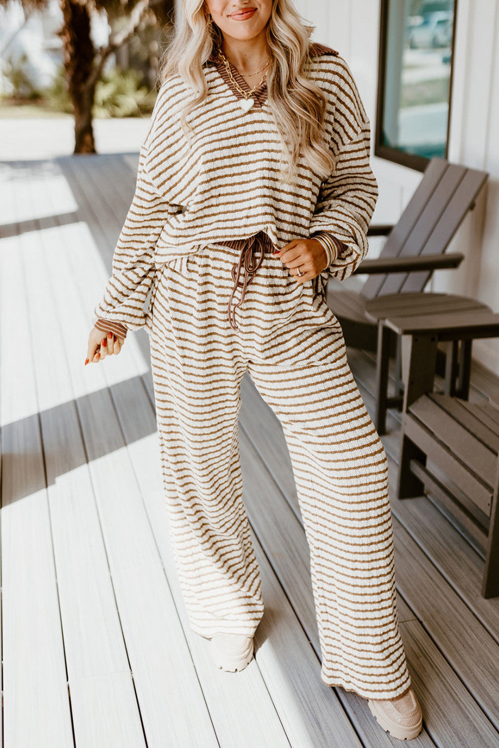 Khaki Stripe Collared Pullover Top and Drawstring Pant Set - PREORDER