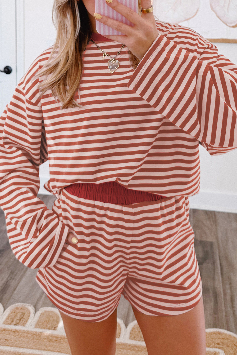Brown Stripe Relaxed Long Sleeve Top Contrast Elastic Waistband Short Set - PREORDER