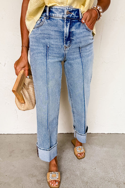 Denim Center Seam Cuffed Hem Straight High Waist Jeans