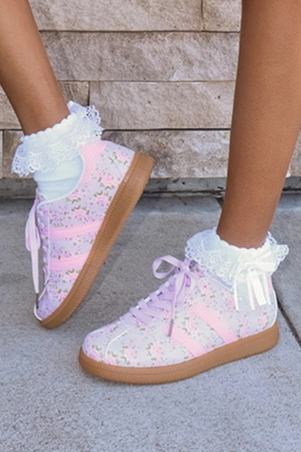 Light Pink Floral Print Lace-up PU Leather Flat Shoes - PREORDER