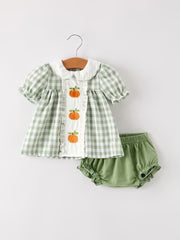 Fall Halloween & Thanksgiving Applique Plaid Girls Bloomers Romper Set - PREORDER