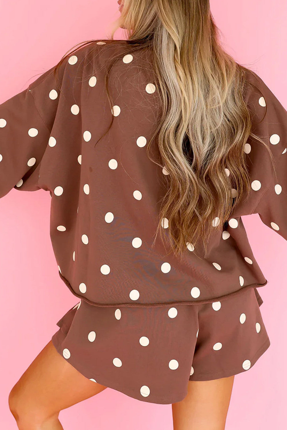 Brown Polka Dot Raw Hem Relaxed Pullover Loose Skort Two Piece Set - PREORDER
