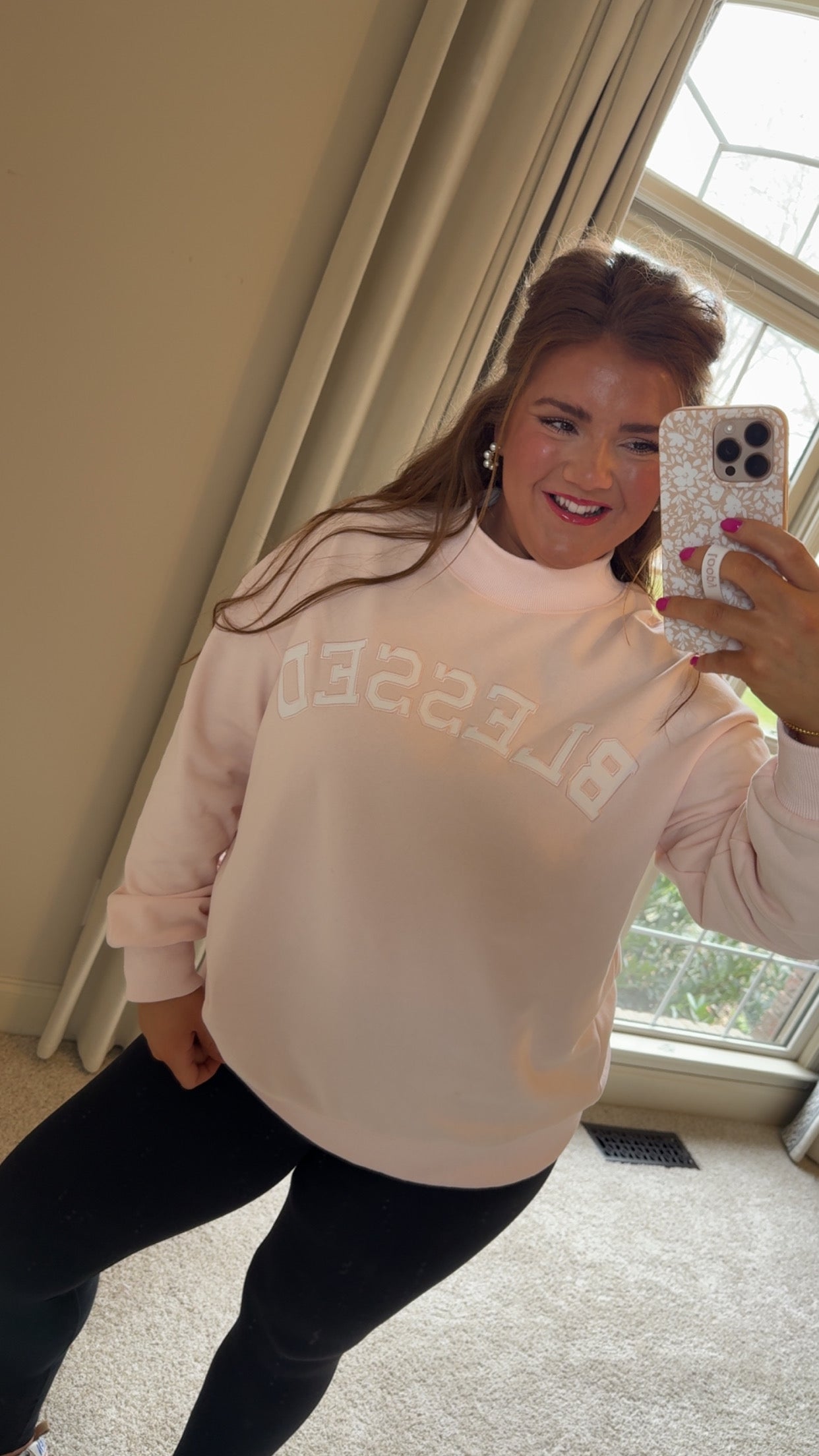 Light Pink Oversize Blessed Embroidered Mock Neck Sweatshirt