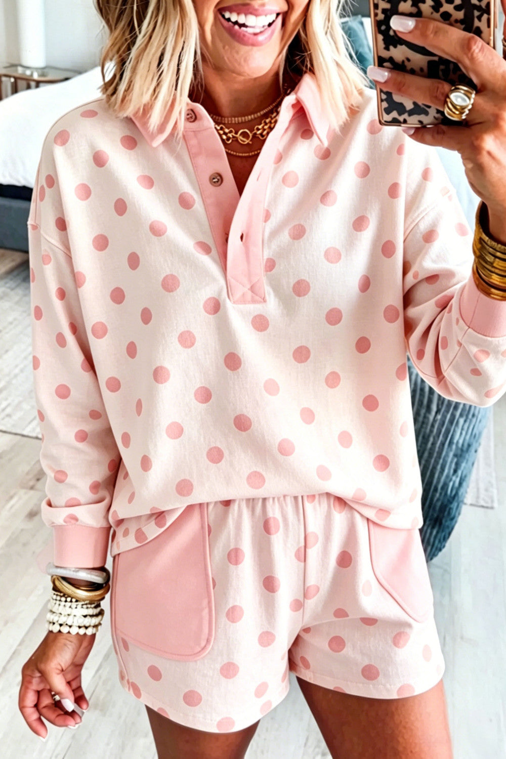 Pink Polka Dot Contrast Patchwork Detail Long Sleeve Top Short Set - PREORDER