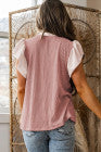 Fushia Plus Size Contrast Frilled Neckline Ruffled Short Sleeve Ribbed Textured Blouse - PREORDER