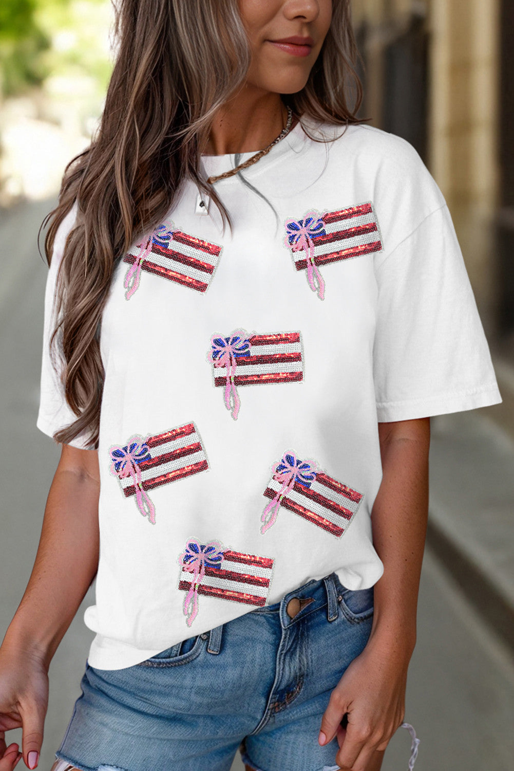 White Sequin Bow American Flag Patched T Shirt - PREORDER