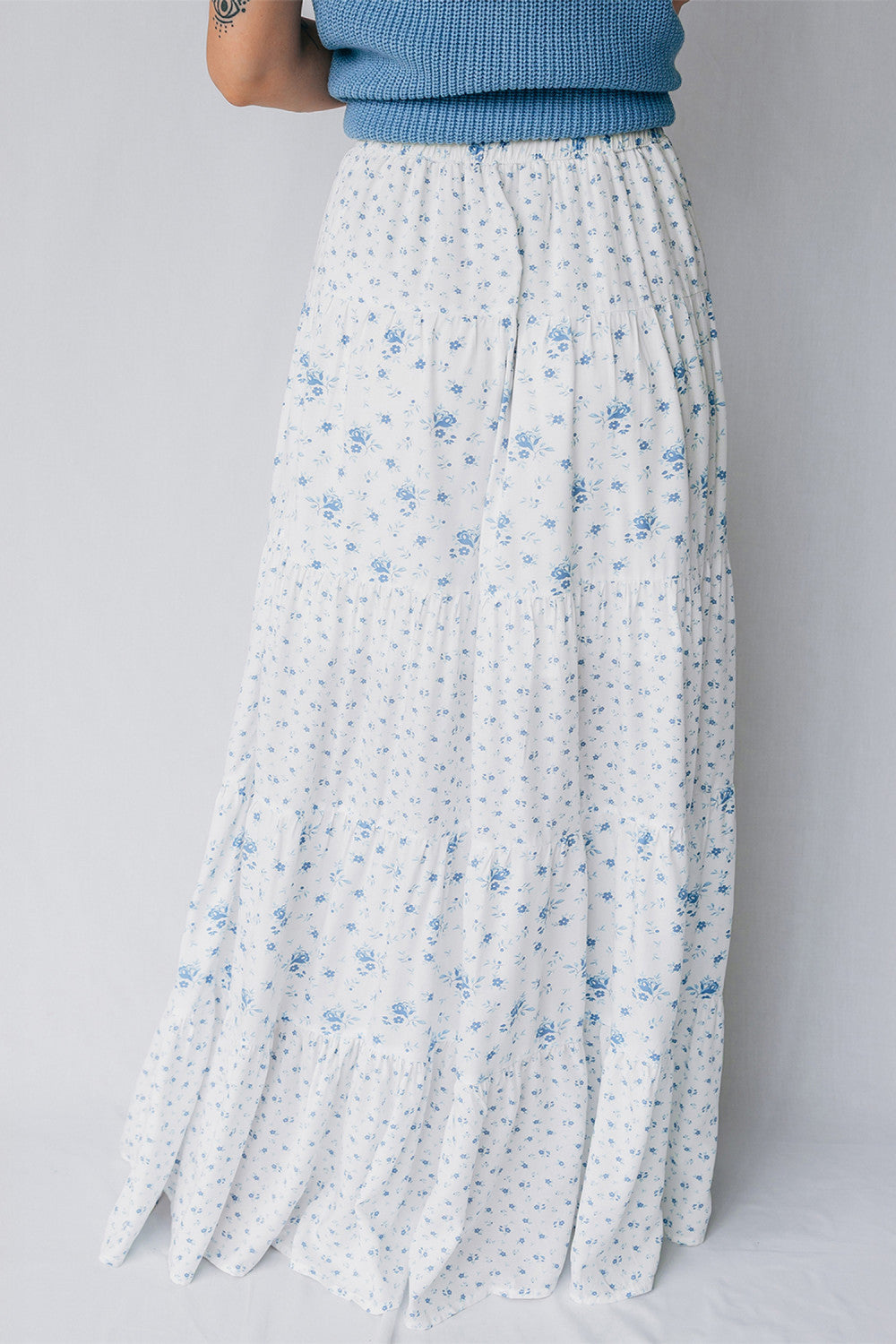 Sky Blue High Waist Tiny Floral Print Boho Maxi Skirt - PREORDER