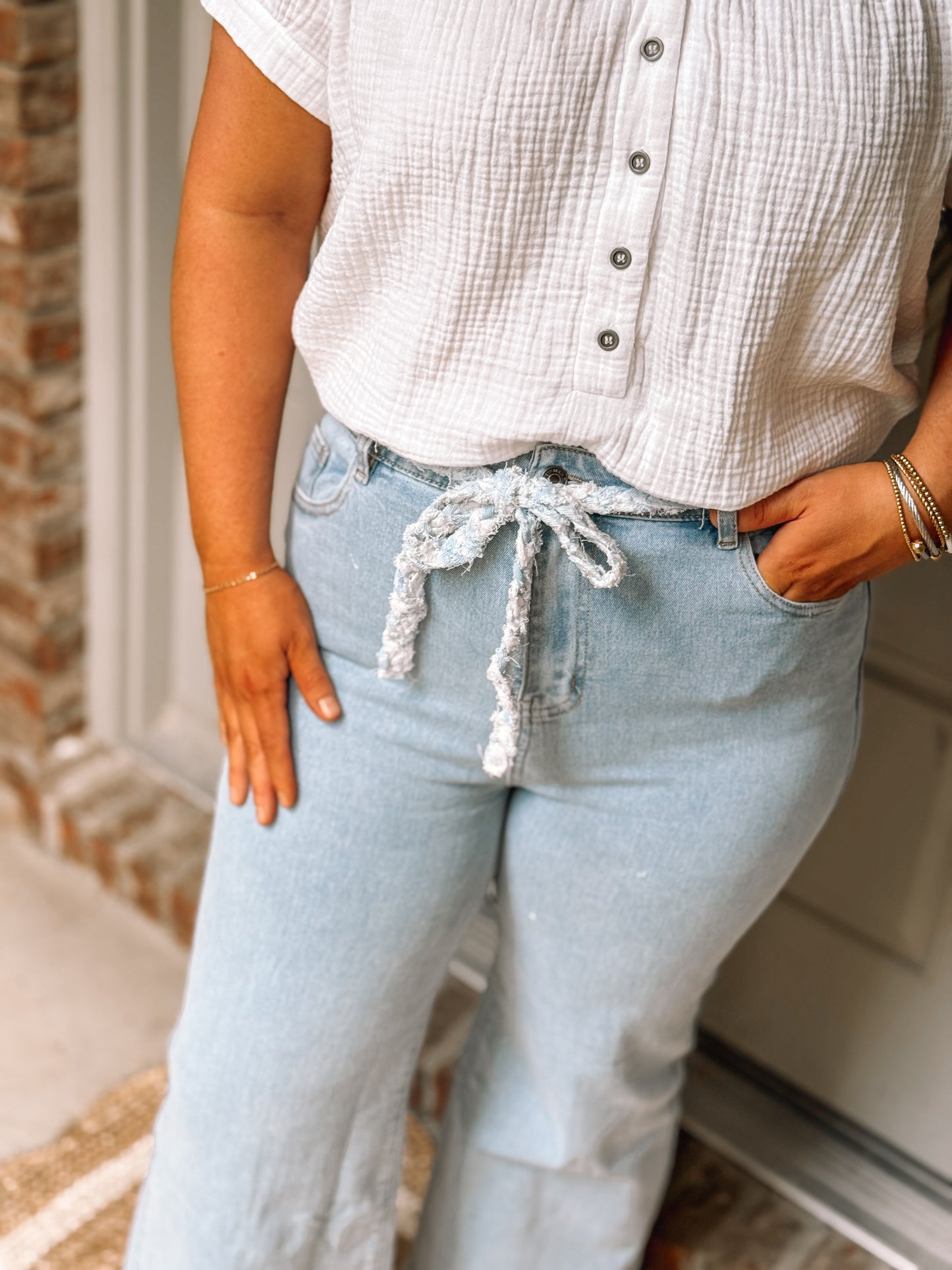 Braided Belt Detail Stretch Flare Denim Jeans