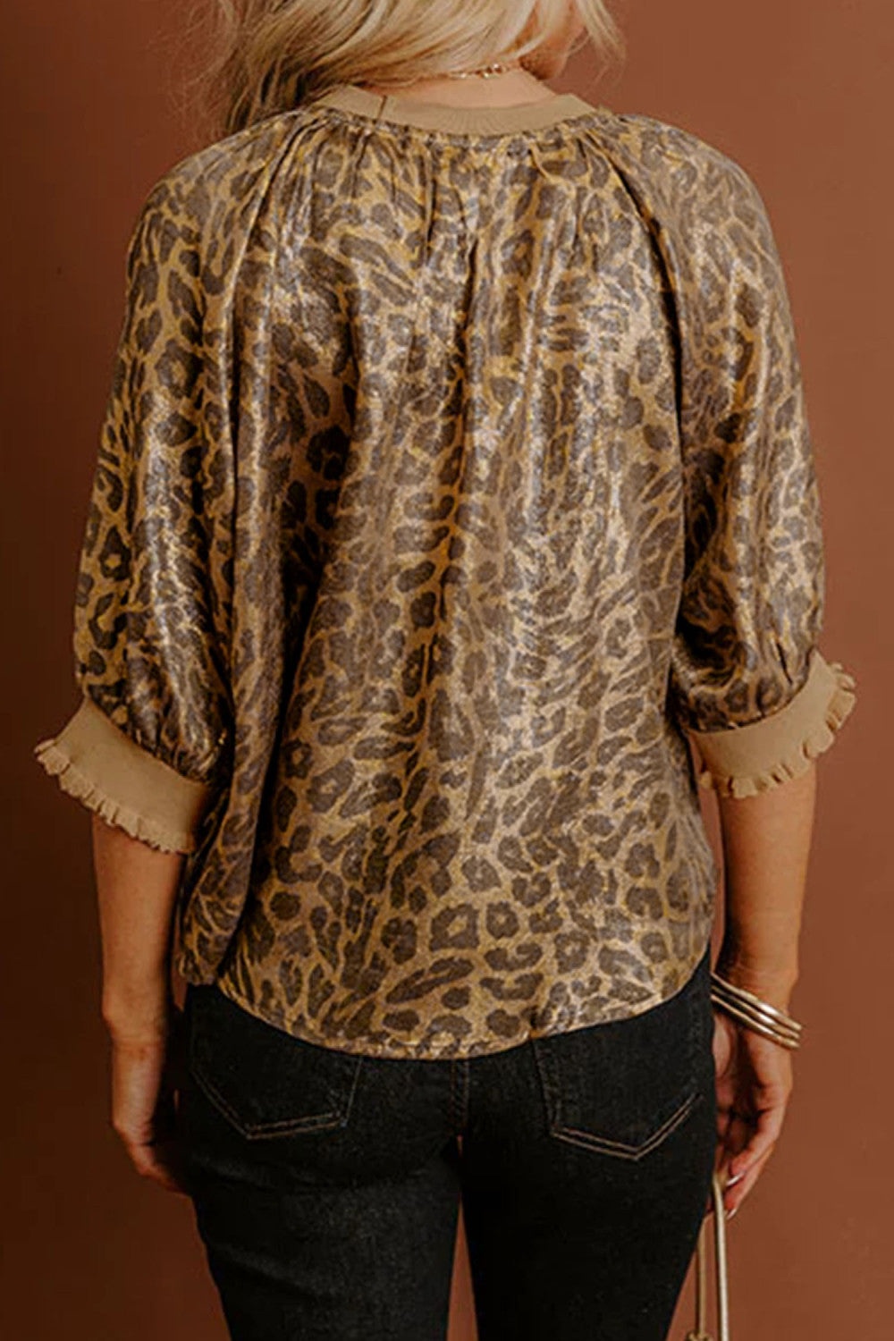 Gold Half Sleeve Metallic Leopard Print Blouse - PREORDER