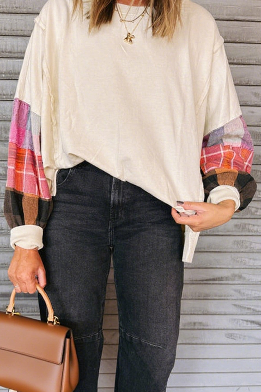 Beige Contrast Plaid Long Sleeve Exposed Seam Patchwork Top - PREORDER