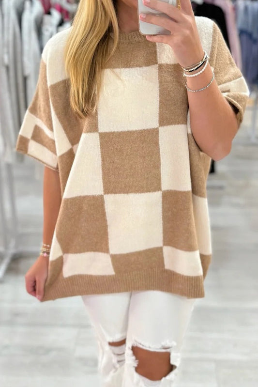 Light French Beige Checkered Pattern Loose Drop Shoulder Short Sleeve Sweater - PREORDER