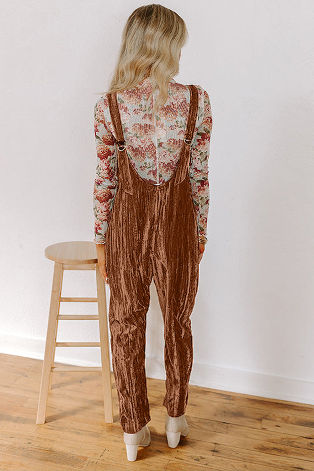 Coffee Velvet Adjustable Straps Patched Pocket Sleeveless Jumpsuit