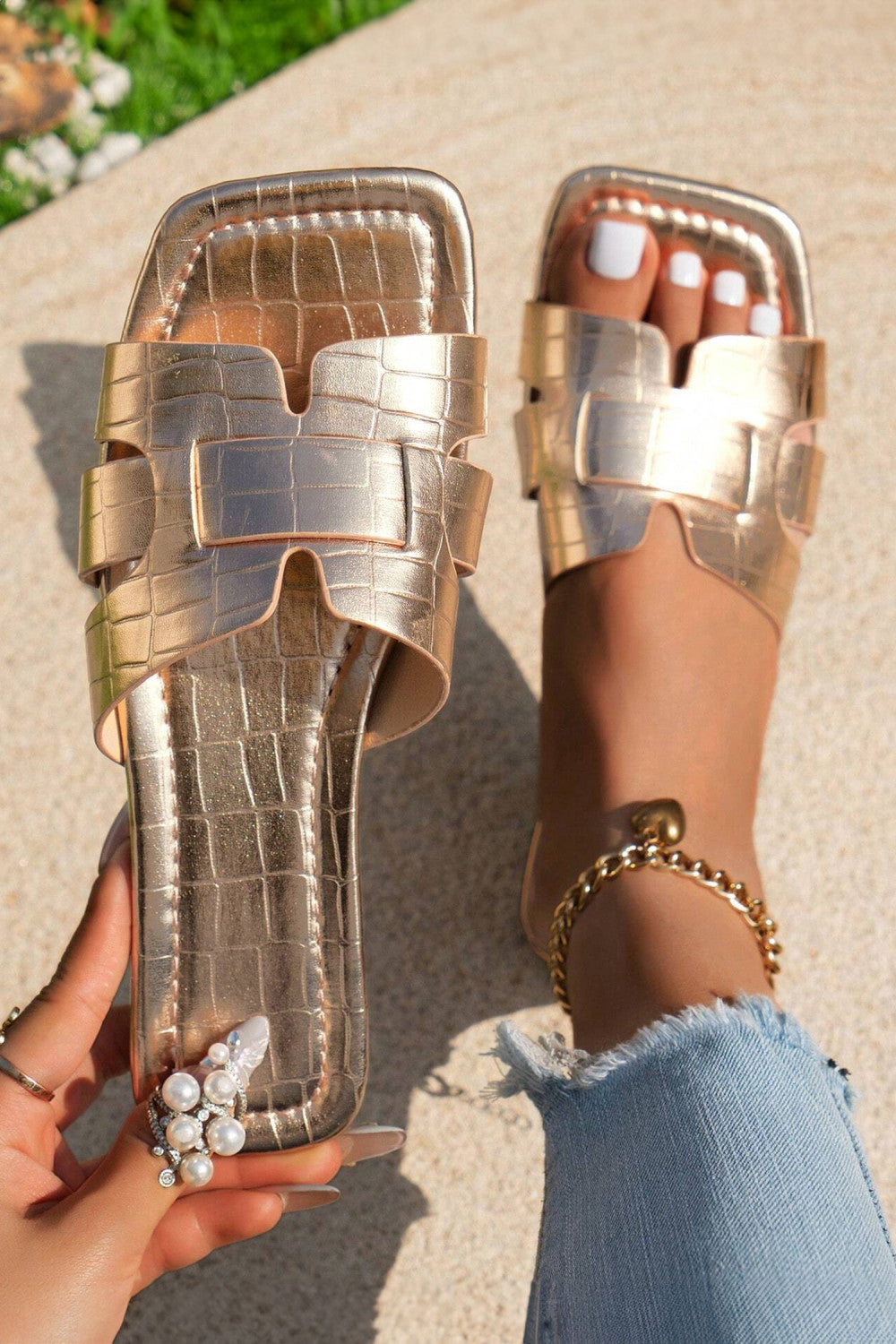 Gold Crocodile Pattern Roman Style Flat Slippers - PREORDER